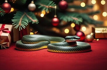 Fototapeta premium A snake lies under a Christmas tree with gifts