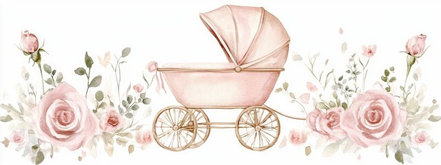 Watercolor illustration of a baby pram adorned with rose flowers in a vintage style Charming stroller in soft pastel pink and beige hues Delightful carriage for children Hand drawn depiction of a