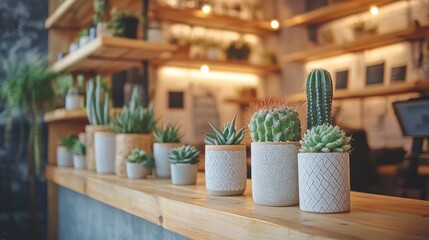 A modern cafe with a focus on a large wooden table adorned with a variety of cactus and succulents in unique, handmade pots. The plants add a touch of nature to the sleek, contemporary design, which