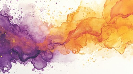 Fototapeta premium Watercolor illustration featuring light grunge ink painting with a splash of purple color Vibrant artistic oil brushwork mixed with flowing hues of orange and gold showcasing a creative and bright