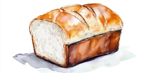 Watercolor illustration of a loaf of white bread isolated on a white background suitable for sandwich designs