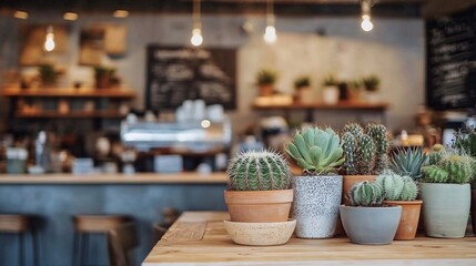 Fototapeta premium A modern cafe with a focus on a large wooden table adorned with a variety of cactus and succulents in unique, handmade pots. The plants add a touch of nature to the sleek, contemporary design, which