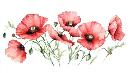 Obraz premium Watercolor illustration of a bouquet of poppy flowers on a white background Suitable for printing postcards fashion textiles and decor
