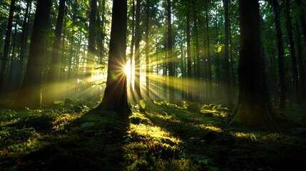 Obraz premium An enchanting woodland view bathed in early morning light, where beams of sunlight filter through the lush foliage, casting dappled patterns on the ground and highlighting the rich textures of the