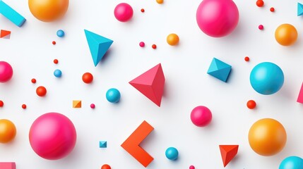 Artistic abstract pattern of colorful 3D prisms and spheres, isolated on a crisp white background, minimalist style
