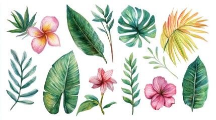 Watercolor illustration featuring a variety of tropical leaves and flowers on a white background Perfect for a beautiful postcard design