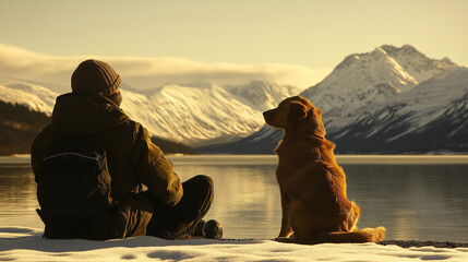 Sunset silhouette family dog, nature travel 