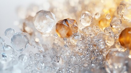 Elegant abstract composition featuring beautiful transparent jewels and crystals, layered on a clean white backdrop