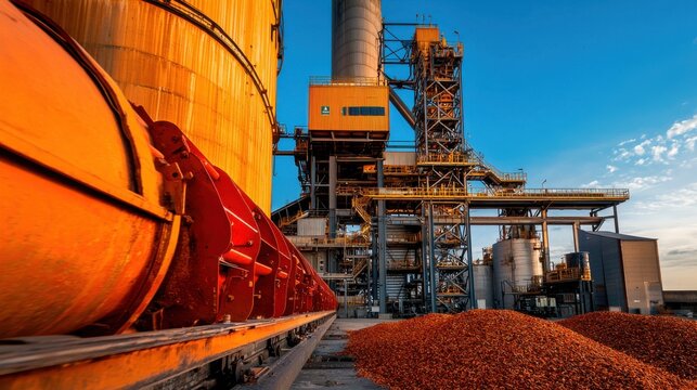Close-up of a biomass power plant is feedstock handling system, featuring detailed images of large storage silos, conveyor systems, and chipping machinery. 