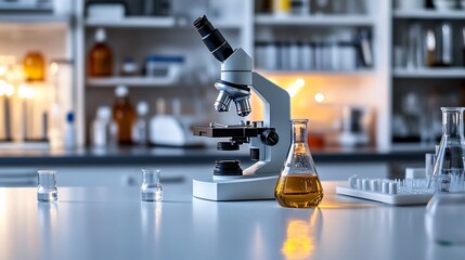 A modern research lab with a microscope as the focal point, positioned on a clean, white lab table. The background features a blurred array of scientific instruments and softly glowing LED lights,