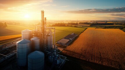 Detailed overhead photograph of an ethanol plant in a rural setting, featuring a mix of large storage tanks and production units. The farmland surrounding the factory is visible, with fields