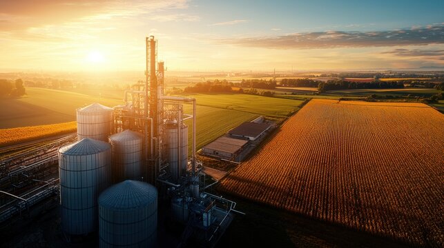 Detailed overhead photograph of an ethanol plant in a rural setting, featuring a mix of large storage tanks and production units. The farmland surrounding the factory is visible, with fields