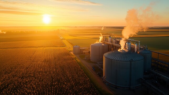 Detailed overhead photograph of an ethanol plant in a rural setting, featuring a mix of large storage tanks and production units. The farmland surrounding the factory is visible, 