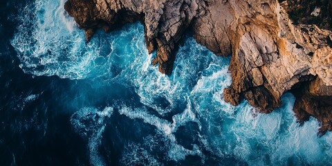 Naklejka premium The dynamic interaction of ocean waves with a rugged coastline, as seen from an aerial perspective, highlighting the contrast between the rocky shore and the deep blue sea
