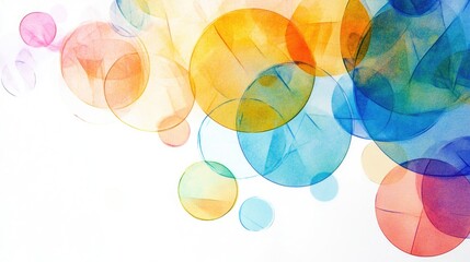 Fototapeta premium Minimalist layout with colorful transparent circles, triangles, and pentagons, overlapping softly on white
