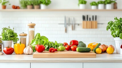 Fresh and colorful vegetables arranged on a kitchen countertop, perfect for healthy cooking and meal preparation. healthy diet and daily habits concept.