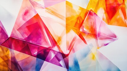 Modern abstract design featuring transparent diamonds and crystals, overlapping in vibrant colors on a minimalist white backdrop