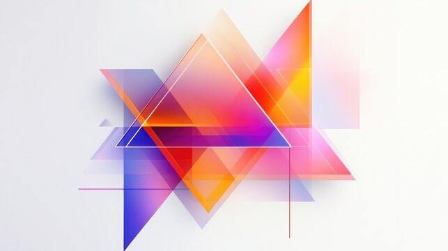 Overlapping colorful transparent shapes, including triangles and rectangles, floating on a white background, minimalist style