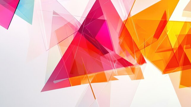 Overlapping colorful transparent shapes, including triangles and rectangles, floating on a white background, minimalist style