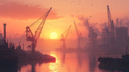 Obraz premium Sunrise Harbor with Silhouetted Cranes and Serene Golden Light