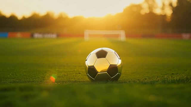 Ball in goal on green field in soccer stadium. Player shoot a ball for make epic score. World championship cup. Sport bet, football match betting. Motion animation, camera move right