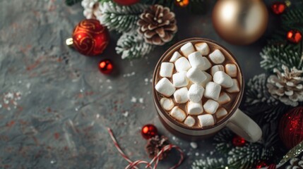 Holiday Hot Chocolate with Marshmallows and New Year Decorations 