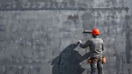 Building contractor painting grey wall with roller brush, copy space text. Construction worker renovating house. 