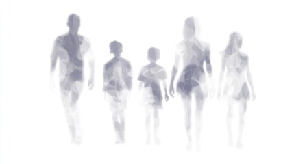 Subtle overlapping transparent silhouettes of human figures, including man, woman, boy, and girl, on a white background