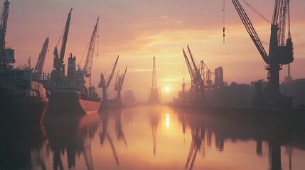 Obraz premium Sunrise Harbor with Silhouetted Cranes and Serene Golden Light
