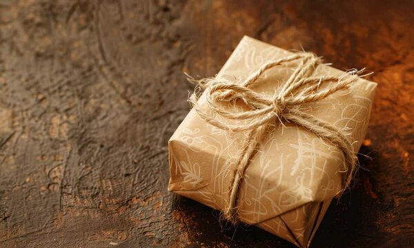 A wrapped gift with twine on a rustic background