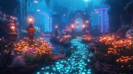 Naklejka premium Enchanting Glowing Pathway to a Stone Archway in a Mystical Forest