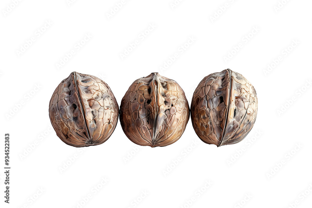 Wall mural Close-up of three whole walnuts, isolated on a white background. Ideal for food-related designs, health and nutrition content, or natural product promotions. Ready-to-use design element.