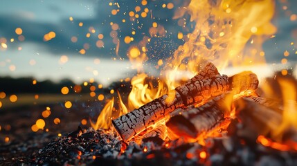 High-resolution shot of a fire pit with crackling coals, showcasing the vibrant flames and glowing embers creating a warm and dynamic scene