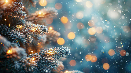 Fototapeta premium Merry christmas tree covered in snow with bokeh lights in background greeting and Happy new year background festive holidays , welcome winters, cards , banners 