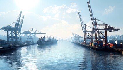 Fototapeta premium Midday Industrial Harbor with Active Cranes and Shimmering Water