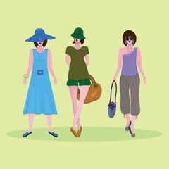 Cartoon fashion model girl in three different summer outfit look and in different poses