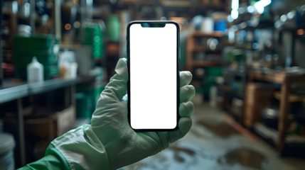 Hand wearing a glove holding a smartphone with a blank screen, set in a home kitchen environment. Ideal for hygiene-related content, technology presentations, or lifestyle visuals. Ready-to-use design