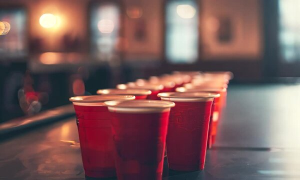 A warm ambiance envelops a line of red party cups arranged neatly on a bar counter