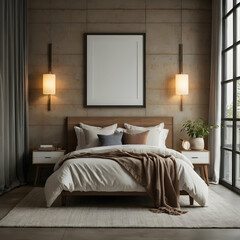 bedroom featuring a blank white frame mockup on a textured wall, hd 
