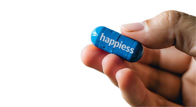 Hand holding a blue capsule with the word "happiness" written on it, isolated on a white background. Perfect for concepts of mental health, well-being, or pharmaceutical themes