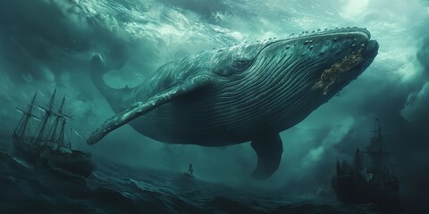 Obraz premium The whale is underwater --ar 2:1 --v 6.1 Job ID: 95570610-e3d9-446e-98dd-9038def1ea38