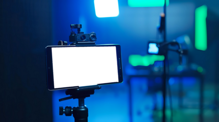 Smartphone on a tripod with a blank screen in a professional studio setup, illuminated by blue and green lighting. Ideal for video production, live streaming, or content creation visuals.