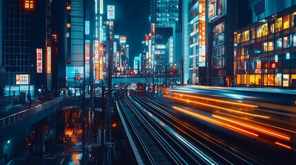 Obraz premium Cinematic Night Cityscape with Subway Train and Illuminated Skyscrapers