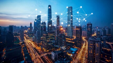 A stunning city skyline at dusk. Tall skyscrapers are illuminated while a digital network connects them. This image represents modern technology and urban life. AI