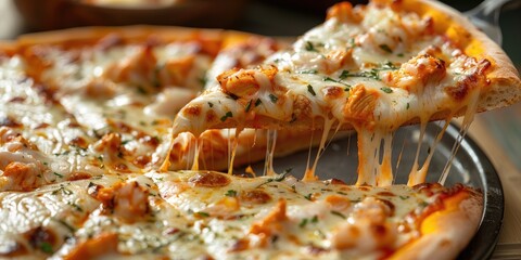 Boneless buffalo chicken pizza with cheese on a base served with a spatula held slice