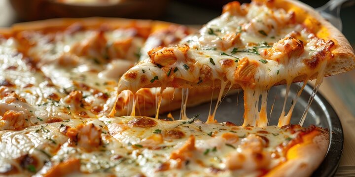 Boneless buffalo chicken pizza with cheese on a base served with a spatula held slice - Powered by Adobe