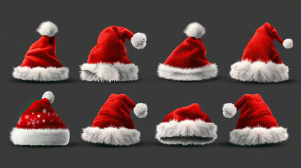 set of red santa claus caps or hats Merry christmas greeting and Happy new year background festive holidays , welcome winters, cards , banners 