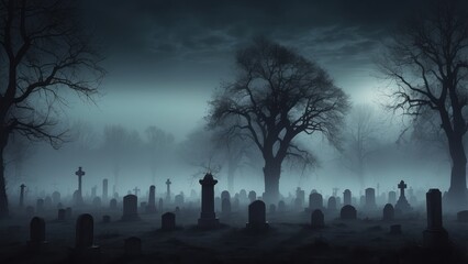 Foggy Cemetery with Silhouetted Gravestones and Trees