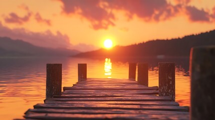 Close-up of Harbor Pier at Sunset with Golden Light and Vibrant Sky Reflections