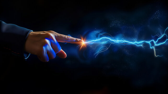 A human finger touching a spark of electrical energy illustrating a concept of power and connection. Futuristic technology of information transfer